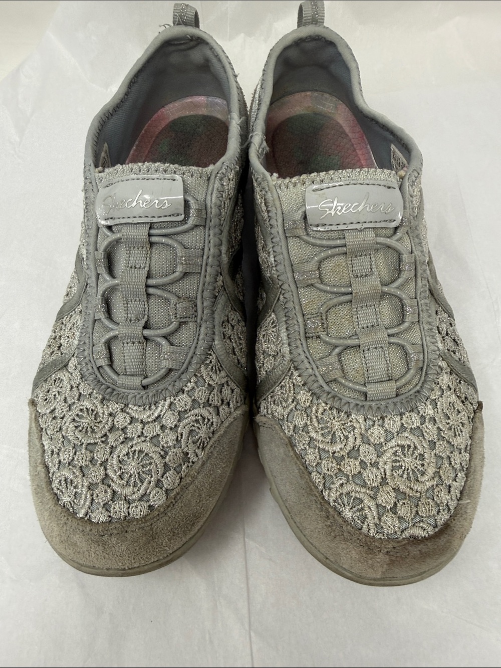 Skechers Bikers Lace Slip On Walking Shoes Gray Floral Crochet 6.5 Fairycore